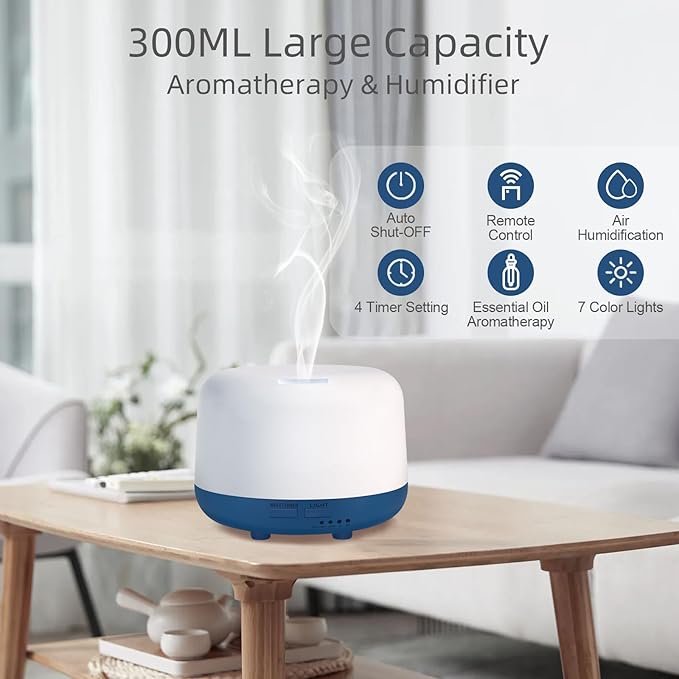 300ML Essential Oil Diffuser with Remote Control, 7 LED Color Changing Light,Ultrasonic Cool Mist Scent Humidifier - Bloomnest