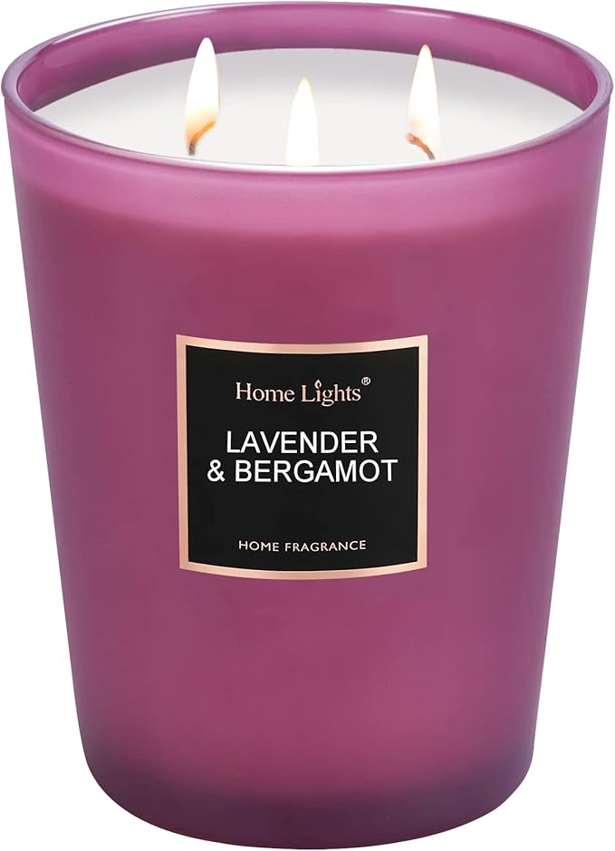 HomeLights Highly Scented Soy Candles Big 33.3 oz for Home. 3 Cotton Wicks, Smokeless Long Lasting 130 hrs in Lavender & Bergamot. 5x6, Great Gift for Women & Men - Bloomnest