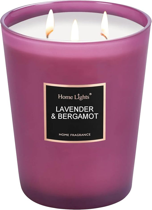 HomeLights Highly Scented Soy Candles Big 33.3 oz for Home. 3 Cotton Wicks, Smokeless Long Lasting 130 hrs in Lavender & Bergamot. 5x6, Great Gift for Women & Men - Bloomnest