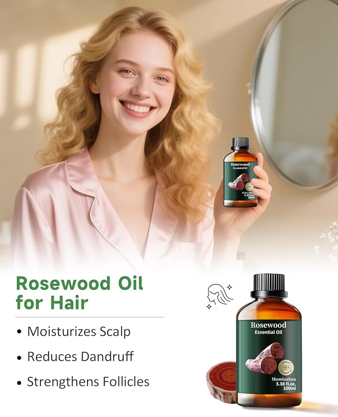 Rosewood Essential Oil Pure, Mumianhua Natural Organic Pure Premium Therapeutic Rosewood Oils for Skin, Body, Hair Care, Diffuser, Candle, Soap, Making, DIY, Massage 3.38 Fl Oz - Bloomnest