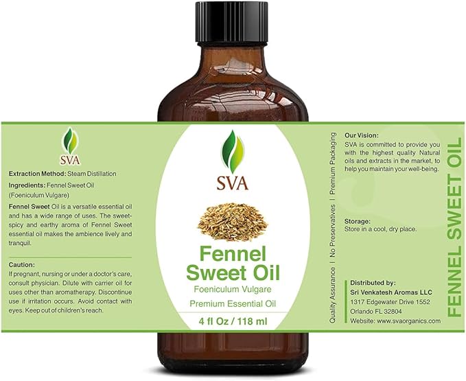 SVA Sweet Fennel Essential Oil – 4 Fl Oz – 100% Natural Fennel Oil - for Diffuser, Hair Care, Face, Skin Care, Aromatherapy, Scalp and Body Massage, Soap and Candle Making – with Dropper - Bloomnest