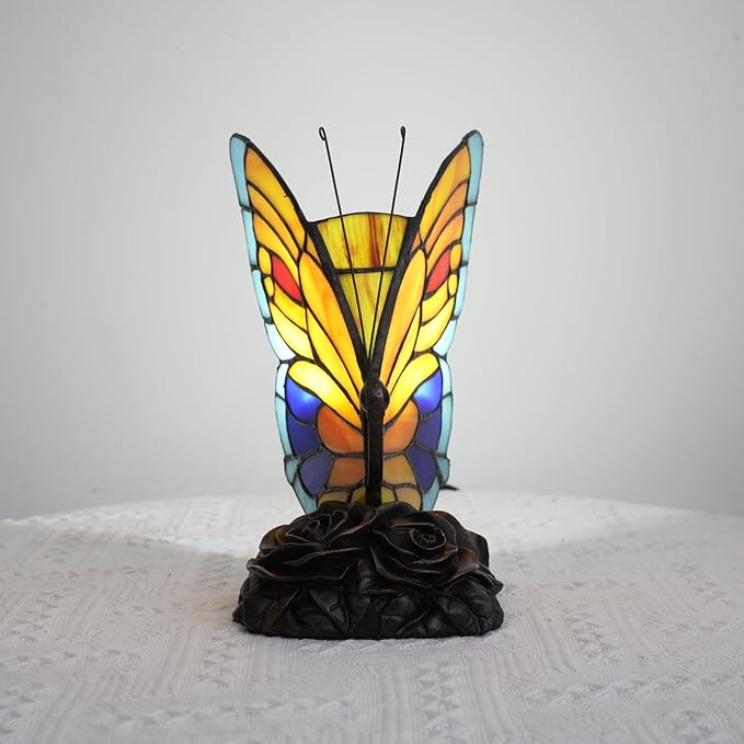 Blue and Orange Butterfly Table Lamp Small Tiffany Style Lamp Stained Glass Lamps Living Room Dorm Bedroom Vintage Art Unique Bedside Night Light Home Lighting Decor Kids Gifts Desk Lamps Rose Base - Bloomnest