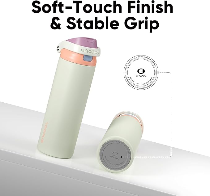 ENCOOL Leakproof Insulated Water Bottle with Straw Dual-Sip Water Bottle Bag-Safe Design for Work, Commute & Gym – Keeps Drinks Cold All Day, 18 oz, Sand Beige ENCOOL