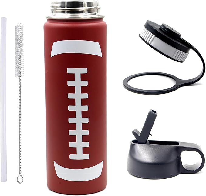 22 oz Football Water Bottle with Straw, Sports Flask Metal Travel Tumbler with 2 Lids, Stainless Steel Double Wall Vacuum Insulated Leak Proof Thermo Water Bottles, Football Gear Gifts for Boys Girls - Bloomnest