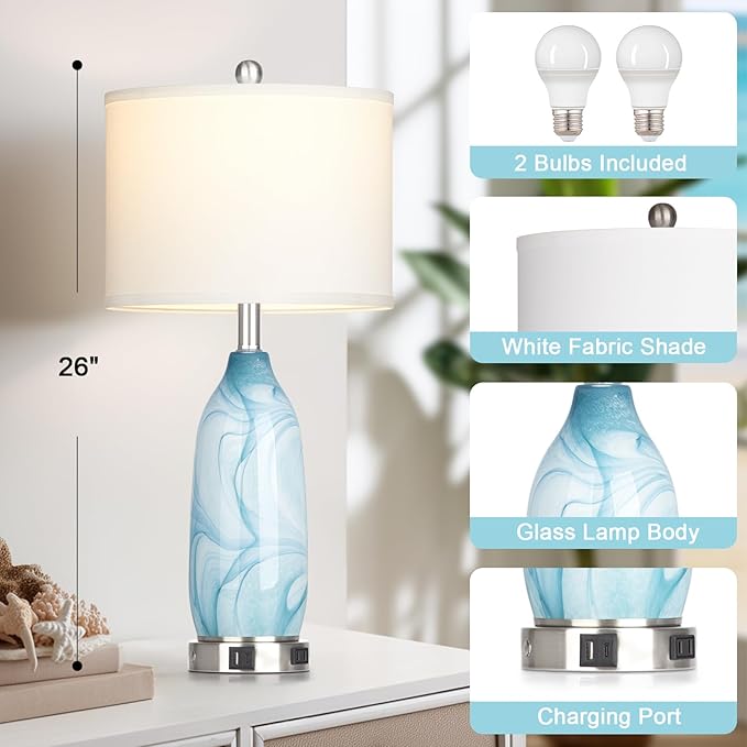 26" Coastal Glass Table Lamps Set of 2, Touch Control Bedside Lamp with USB A+C Ports and AC Outlet, Blue Lamp with Night Light for Nightstand Living Room Bedroom, 2 LED Bulbs Included - Bloomnest