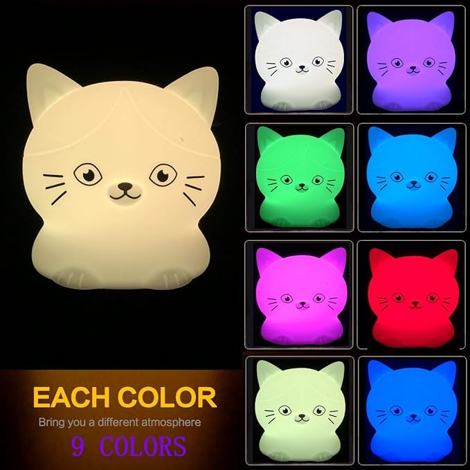Cat Night Lights Children's Room Lighting, Toddler Bedroom Sleep Lights Bedside lamp - 9 Colors Lamps Room Decor for Toddlers/Boys/Girls/Adults/Bedroom/Bathroom/Outdoor/Camping - Medium - Bloomnest