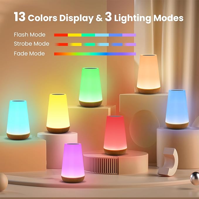 THAUSDAS Night Light, Dimmable Touch Lamp for Bedroom, Portable Table Bedside Lamp, 5 Brightness 13 RGB Colors, Night Lights for Baby Nursery Bathroom - Bloomnest