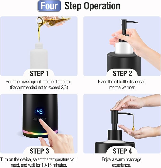 Massage Oil Lotion Warmer, Massage Oil Heater for SPA Massage Therapy and Personal Use, Portable Body Oil Warmer Dispenser with Two Massage Bottles, Adjustable Temperature(86-149°F), Black - Bloomnest