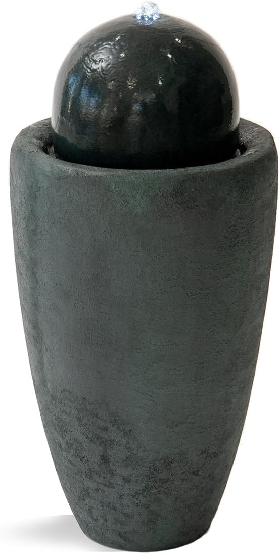 XBrand 25.98" H Round Stone Indoor/Outdoor Modern Stone Textured Sphere Water Fountain w/LED Lights, Dark Green - Bloomnest