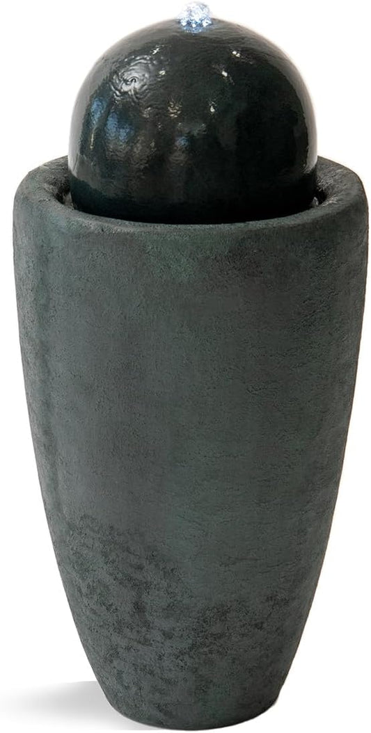 XBrand 25.98" H Round Stone Indoor/Outdoor Modern Stone Textured Sphere Water Fountain w/LED Lights, Dark Green - Bloomnest