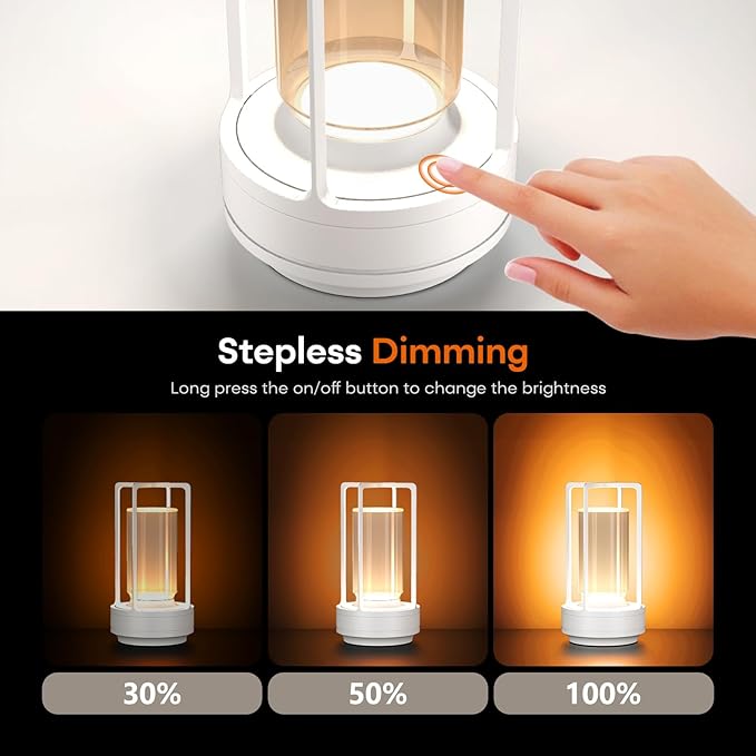 Portable Metal Table Lamp for Indoor/Outdoor ,Rechargeable Cordless LED Lamp, 3-Colour Infinitely Dimming Battery Powered Small Desk Lamp, Restaurant/Bedroom/Bar/Coffee/Camping Light (White Set of 2) - Bloomnest