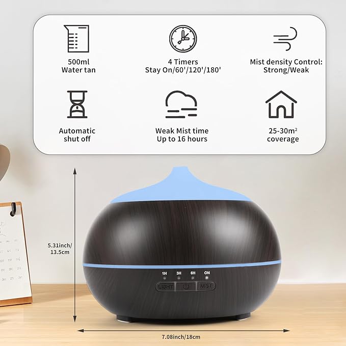 HAPPTWS 500ML Essential Oil Diffuser - BPA Free Ultrasonic Aromatherapy Diffuser, with 7-Color Lights Waterless Auto Shut Off for Home、Room、pet Room - Black HAPPTWS