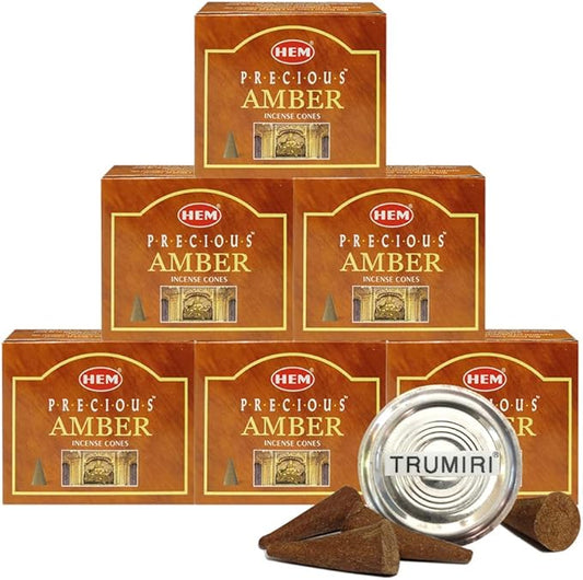 TRUMIRI Incense Cone Holder Bundle with Hem Precious Amber Incense Cones - Pack of 6 (Approx 60 Cones) TRUMIRI