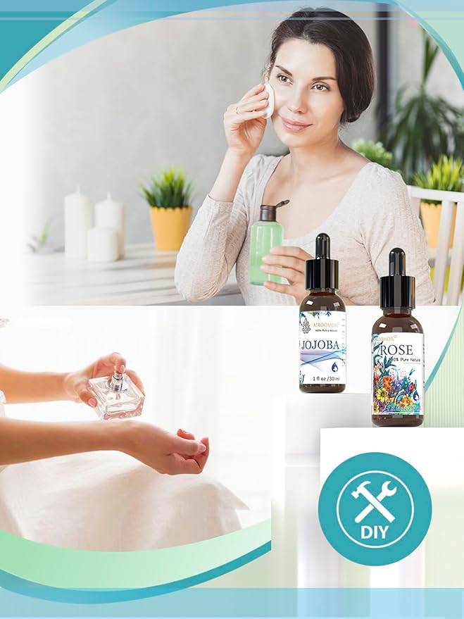 1+1 Fl Oz Travel Size Rose Essential Oil Jojoba Oil Set Floral Fragrance for Candle DIY Aromatherapy Home Use Diffuser Perfume Bath Massage Scents Airoomoil