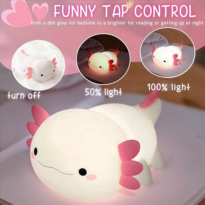 Axolotl Night Light for Kids, Cute Squishy Rechargeable Axolotls Lamp, Unique White Pink Xmas Axolotl Gifts, Dimmable LED Silicone Nightlight, Baby Safe, Girls Room College Dorm Décor - Bloomnest