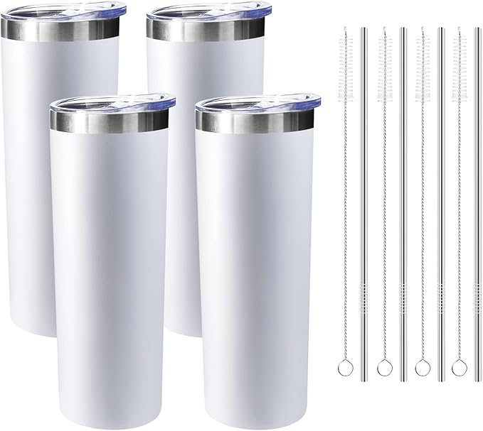 20 oz Skinny Tumblers with Lid and Straw,Stainless Steel Vacuum Insulated Tumbler Cup Double Wall Travel Coffee Mug, Thermal Water Tumbler for Hot and Cold Drinks(White,4)