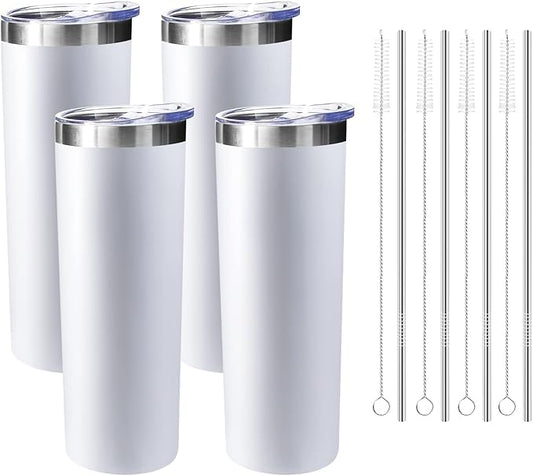 20 oz Skinny Tumblers with Lid and Straw,Stainless Steel Vacuum Insulated Tumbler Cup Double Wall Travel Coffee Mug, Thermal Water Tumbler for Hot and Cold Drinks(White,4)