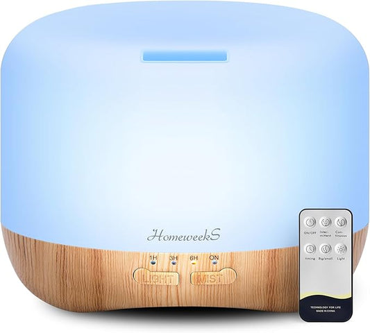 Homeweeks 300ml Essential Oil Diffuser, Quiet Aromatherapy Mist Diffusers for Essential Oils, Wood Grain, Ultrasonic, Remote Control, Timer, 7 Colors Light for Bedroom (300ml) - Bloomnest