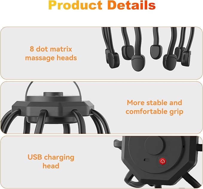 Electric Scalp Massager, Head Massager Scalp Stress Relax, Kneading Hair Massage with 3 Modes, 360 Degree Hair Massager, Cordless Portable Head Scratcher for Stress Relax ONIYEA