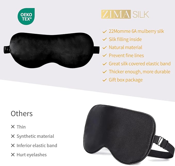 ZIMASILK Adjustable 100% 22 Momme Mulberry Silk Sleep Mask for Sleeping, Filled with Premium Mulberry Silk, Softest & Breathable Blackout Eye Sleeping Mask (Black) - Bloomnest
