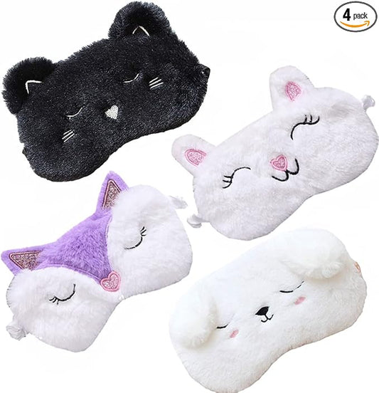 4 Pack Cute Animal Sleep Mask for Girls Soft Plush Blindfold Cute Cat Dog Fox Rabbit Eye Cover Eyeshade Sleeping Masks for Kids Teens Girls Women Men - Bloomnest
