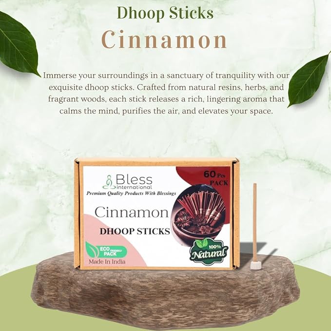 Bless-International Cinnamon-100%-Natural-Incense-Bambooless-Dhoop-Sticks Handmade-Organic-Chemicals-Free for-Purification-Relaxation-Positivity-Yoga-Meditation The-Best-scents-4.5-Inches-60-Sticks