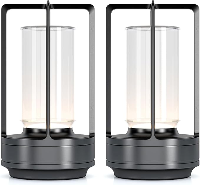 Portable Metal Table Lamp for Indoor/Outdoor ,Rechargeable Cordless LED Lamp, 3-Colour Infinitely Dimming Battery Powered Small Desk Lamp, Restaurant/Bedroom/Bar/Coffee/Camping Light (Grey Set of 2) - Bloomnest