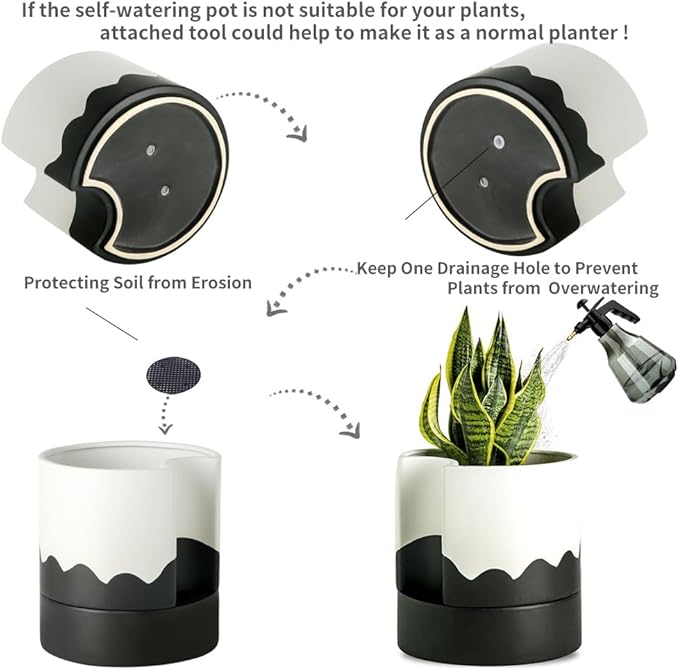 Nihow Self Watering Plant Pot: 8 Inch Ceramic Planter with Drainage Hole & Water Storage Plus for Indoor & Outdoor Plants - Cylinder Round Flower Pot for Succulent/Herbs/Violets - White & Wave Black - Bloomnest