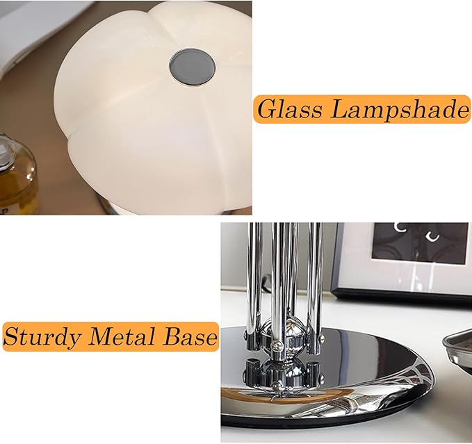 White Mushroom Table Lamp,Dimmable Glass Desk Light with Chrome Base,Bauhaus Office Light Fixture,Mid Century Modern Desk Lamp for Living Room Bedroom and Study Room - Bloomnest