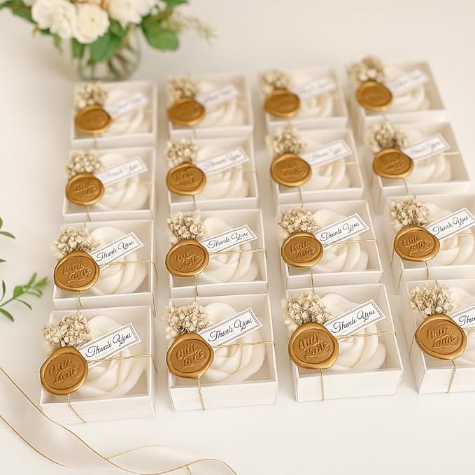 White Rose Petal Soy Wax Candles in Bulk – Rose Candle Wedding Favors for Guests, Personalized Candle Favors for Bridal Shower & Baby Shower Gifts – Dried Flower & Wax Seal Design (30 Pieces) - Bloomnest