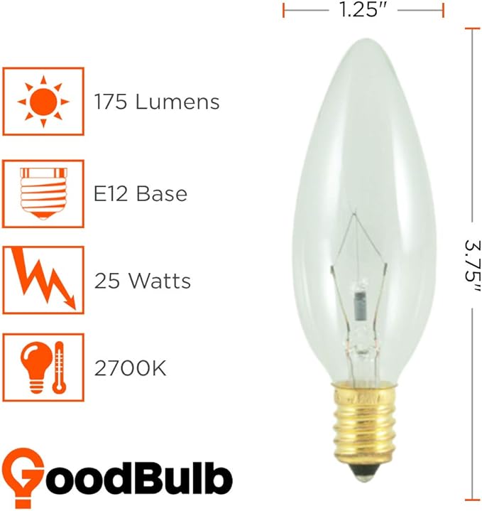 GoodBulb 25 Watt Torpedo Candelabra Light Bulbs B10 Clear Finish E12 Base 2700K Soft White Light Dimmable 25W 175 Lumens Decorative Chandelier Bulbs Incandescent 12 Bulbs Pack - Bloomnest