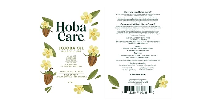 HobaCare Bulk Jojoba Oil - 100% Pure Hexane Free Unrefined Carrier Oil for Soap Making, Hair, Face, Beard, Scalp, Skincare Spa - Natural, Vegan, Long Shelf Life (128 oz Gallon) - Bloomnest