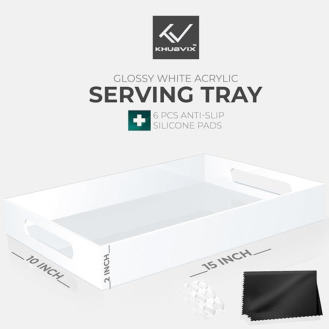 White Tray 15×10" with Cut Handles - Spill Proof Decorative Tray is an Ideal Countertop Organizer for Living Rooms, Ottoman Coffee Tables, Offices, Kitchens & Serving Guests - Bloomnest