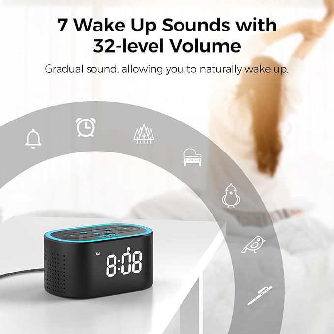 Reacher Digital Alarm Clock & White Noise Sound Machine, 21 Soothing Sounds, 7 Wake Up Sounds, 8 Night Lights, 32-Level Volume, 9 Sleep Timer, Memory Function for Adult, Kid, Bedside, Bedroom - Bloomnest