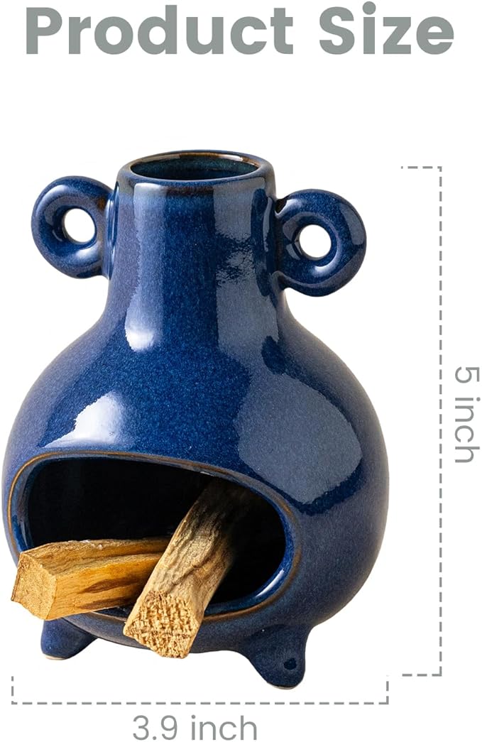 Handcrafted Palo Santo Holder, Incense Candle and Matchstick Mini Chiminea for Meditation Space, Wood Sticks and Bulk Incense, Blue