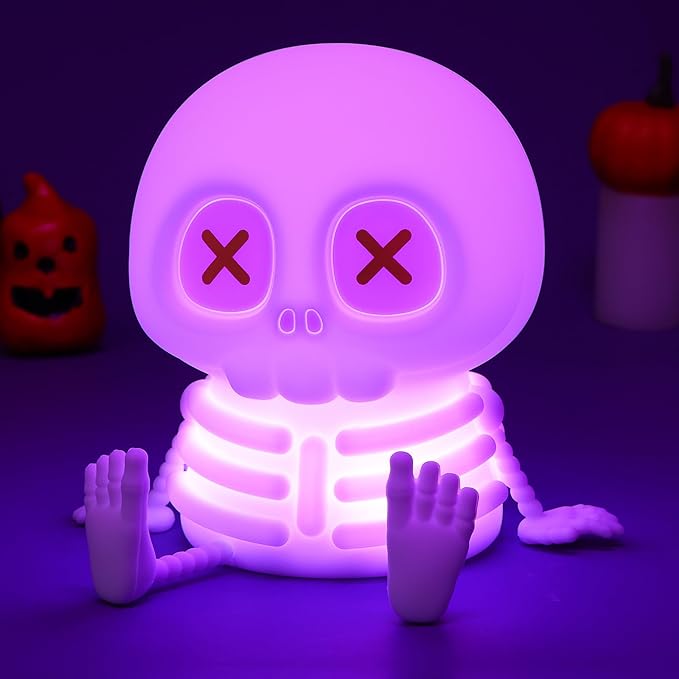 Skull Night Light, Cute LED Silicone Lamp, Color Changing & Dimmable Helloween Room Decor, 20 Mins Timer Squishy Cordless Rechargeable Nightlight, Bedside Light for Christmas Halloween Gifts - Bloomnest