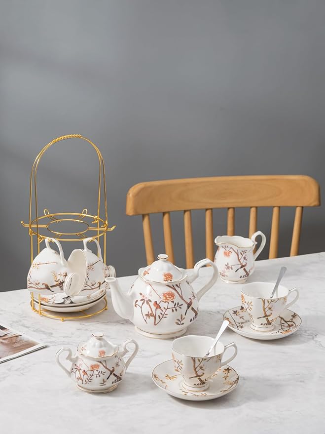 Jusalpha Fine China Bird Tree Pattern Coffee Cup/Teacup Set, 8 OZ Cups& Saucer Service for 4, with Teapot-Sugar Bowl-Cream Pitcher Teaspoons and tea strainer for Tea/Coffee, 17-Pieces (Bird Tree) - Bloomnest