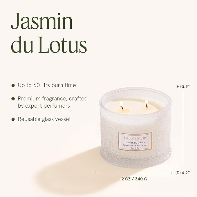 LA JOLIE MUSE Jasmin du Lotus Candle - Ivy, Jasmine, Cedarwood | 12 oz Large 2-Wick Soy Wax Candle | 60 Hours Clean Burn | Floral Scented Candle | Gift-Ready for Hosts & Gatherings - Bloomnest