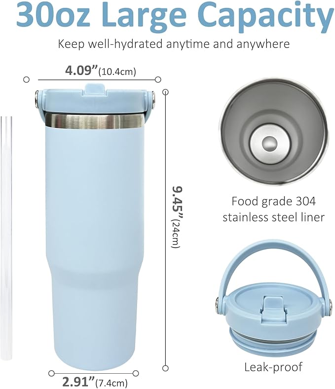 30 oz Tumbler Bulk with Top Handle, Double Wall Vacuum Insulated Tumbler with Flip Straw, Travel Coffee Mug 30oz Powder Coated Cup for Laser Engraving (Blue,4 pack) - Bloomnest