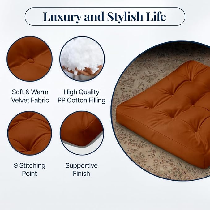 Velvet Floor Pillow Set of 2, Square Large Pillows seating for Adults, Brown Tufted Cushions for Meditation, Yoga, Tatami, Living Room, Chair, Machine-Washable & Dryer-Safe, Brown, 22x22 Inch - Bloomnest