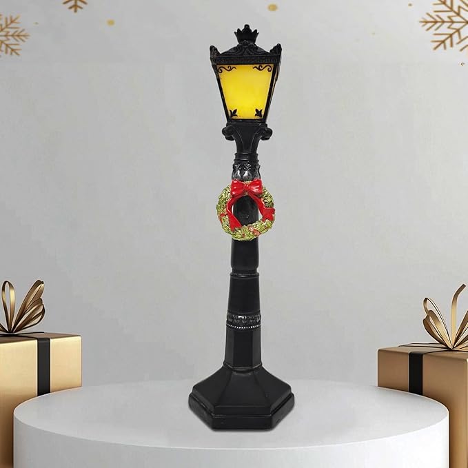 Vintage Black Resin Christmas Street Lamp Post Sculpture with LED Lights, for Indoor Holiday Decor, Mantle, Tabletop, Winter Village Display - Bloomnest