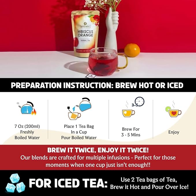 BREWIX, Hibiscus Orange Tea Bags (25 Plant Based Tea Bags) Caffeine-Free, Made with Real - Hibiscus Flowers, Rosehip, Orange Peel, Raspberry Leaf | Contains Antioxidants & Support Overall Health - Bloomnest