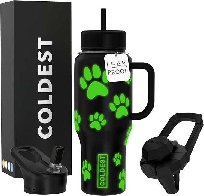 Coldest Tumbler with Handle and Straw - 100% Leak Proof Insulated Tumbler with Lid and Straw (3 Lids) - Stainless Steel Tumblers for Women & Men - Cup Holder Friendly Base, 36 oz (Glowie Paws) - Bloomnest