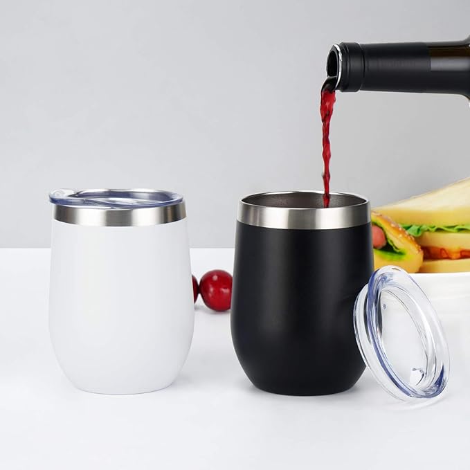 12 Pack Stainless Steel Wine Tumblers, 12Oz Double Wall Vacuum Insulated Wine Tumblers with Lids and Straws, Stainless Steel Stemless Wine Glasses for Coffee, Wine, Cocktails, Champaign, Black - Bloomnest