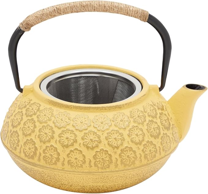 Juvale Japanese Cast Iron Teapot - Stainless-Steel Infuser & Loose Leaf Tea Pot - Superior Heat Retention Cast Iron Kettle - Elegant Floral Trivet For Home Tea Set - 800 ml, Yellow - Bloomnest