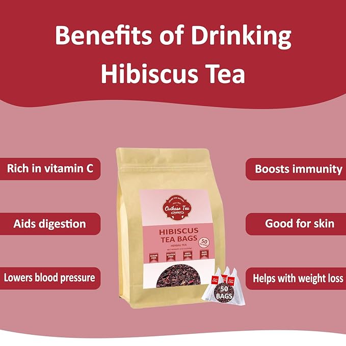 Ovikaso Tea, Hibiscus Tea Bags, Roselle Tea, 50 Pyramid Tea Bags, 2g/bag, 100% Natural, Non-GMO, No Caffeine, Brew Hot or Iced Tea, Baking, Cocktail, Rich in Antioxidants - Bloomnest