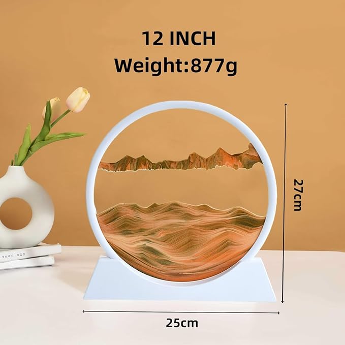 BGFJYUK Moving Sand Art Picture in Motion, Round Glass 3D Deep Sea Sandscapes with Display Flowing Sand Frame for Relaxing Desktop Home Office Work Décor for Kids Adults (White Frame Orange,12inch) - Bloomnest