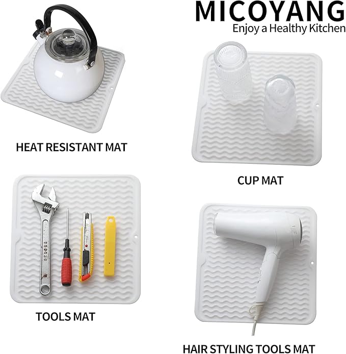 Silicone Dish Drying Mat for Multiple Usage,Easy clean,Eco-friendly,Heat-resistant Silicone Mat for Kitchen Counter or Sink,Refrigerator or Drawer liner White M 12 inches x 12 inches - Bloomnest