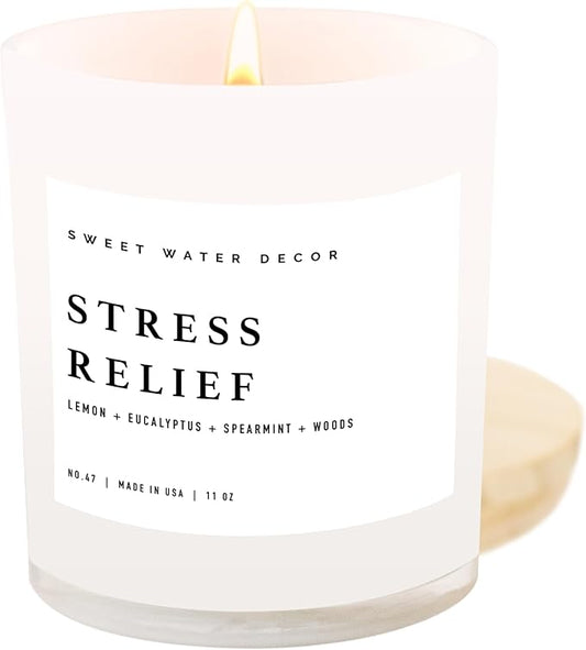 Sweet Water Decor Candles | Spa Scented Soy Wax Candle for Home | 11oz Jar Candle with Wood Lid, 50+ Hour Burn Time, Made in The USA (Stress Relief, White - 11 oz) - Bloomnest