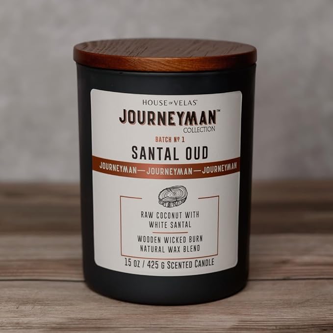 Journeyman Collection Candle, 15oz, Wooden Wick, Santal Oud, Large Painted Jar - Bloomnest